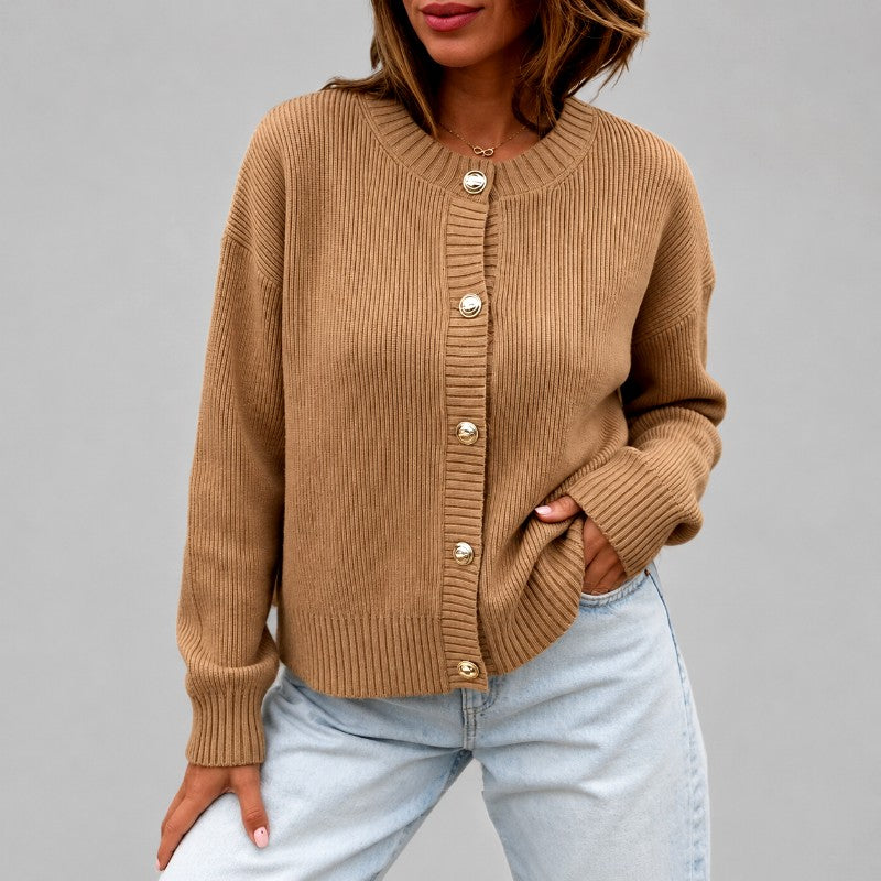 Nora - Women's Ribbed Crew Neck Button-Up Cardigan 1