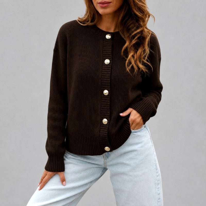 Nora - Women's Ribbed Crew Neck Button-Up Cardigan 2