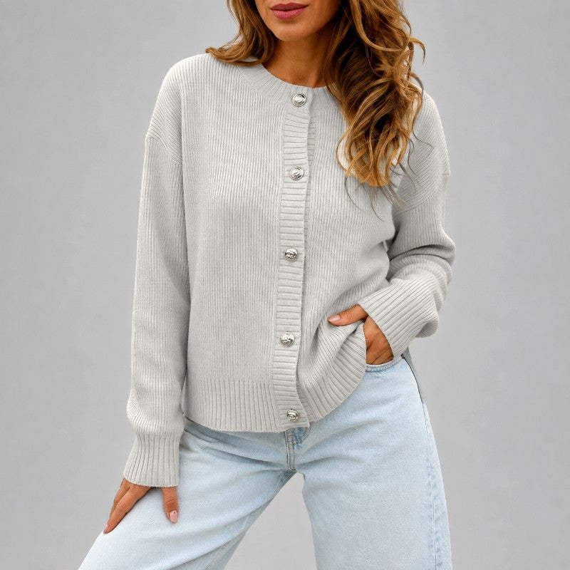 Nora - Women's Ribbed Crew Neck Button-Up Cardigan 3