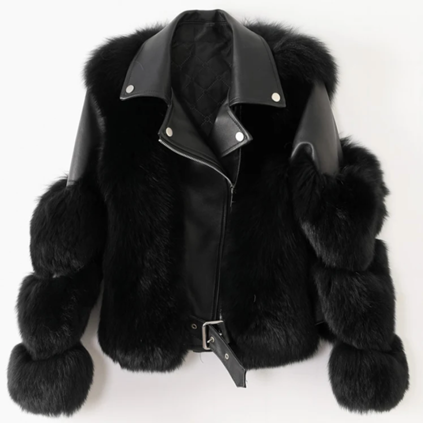 Nympha - Women's Oversized Leather Jacket with Faux Fur Cuffs