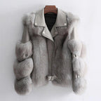 Nympha - Women's Oversized Leather Jacket with Faux Fur Cuffs