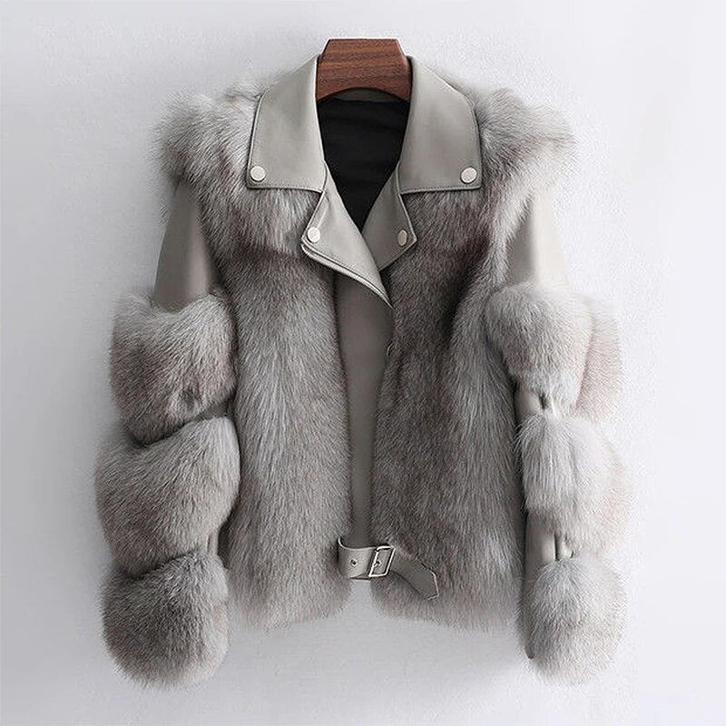 Nympha - Women's Oversized Leather Jacket with Faux Fur Cuffs