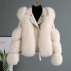 Nympha - Women's Oversized Leather Jacket with Faux Fur Cuffs