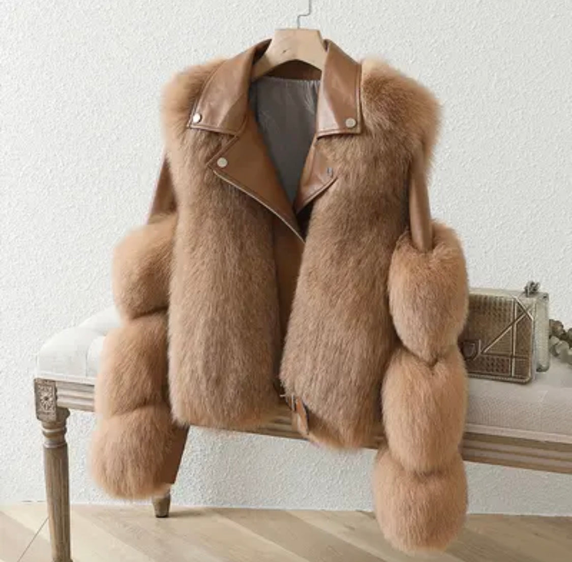 Nympha - Women's Oversized Leather Jacket with Faux Fur Cuffs