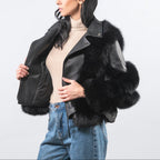 Nympha - Women's Oversized Leather Jacket with Faux Fur Cuffs