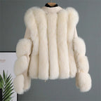 Nympha - Women's Oversized Leather Jacket with Faux Fur Cuffs