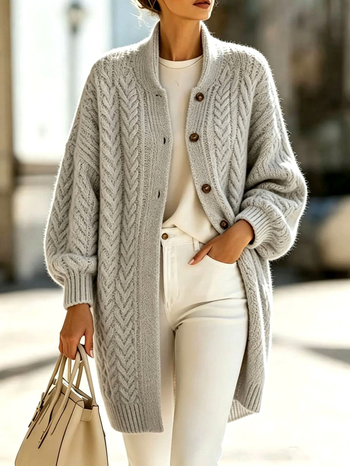 Opal - Women’s Chunky Knit Cardigan with Stand Collar 5