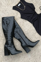 Ophelia - Women's Croc-Embossed Knee-High Boots with Pointed Toe