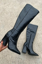 Ophelia - Women's Croc-Embossed Knee-High Boots with Pointed Toe