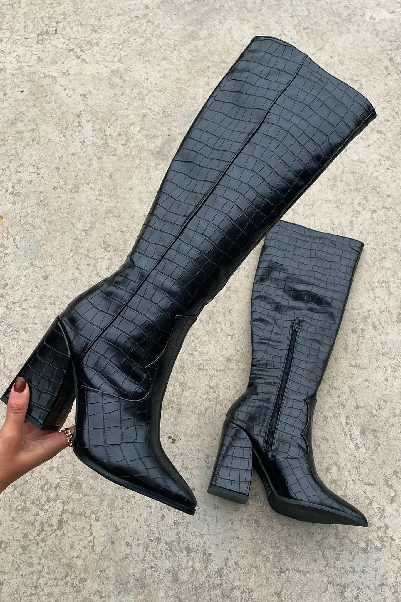 Ophelia - Women's Croc-Embossed Knee-High Boots with Pointed Toe
