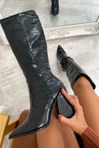 Ophelia - Women's Croc-Embossed Knee-High Boots with Pointed Toe