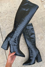 Ophelia - Women's Croc-Embossed Knee-High Boots with Pointed Toe