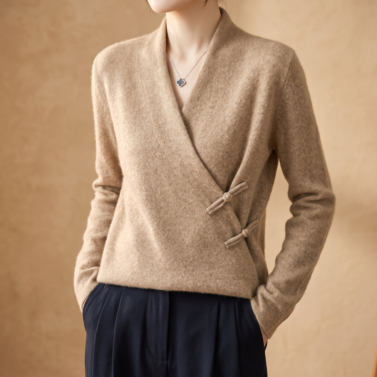 Ophelia - Women's Merino Wool Crossover Sweater with Frog Toggles