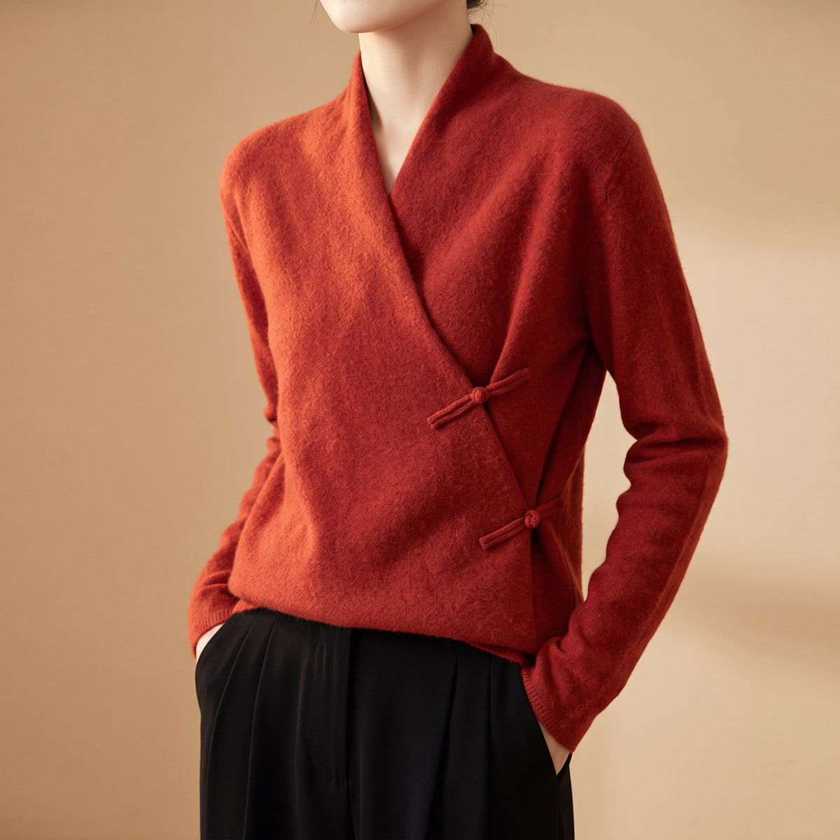 Ophelia - Women's Merino Wool Crossover Sweater with Frog Toggles