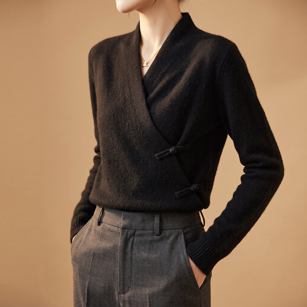Ophelia - Women's Merino Wool Crossover Sweater with Frog Toggles