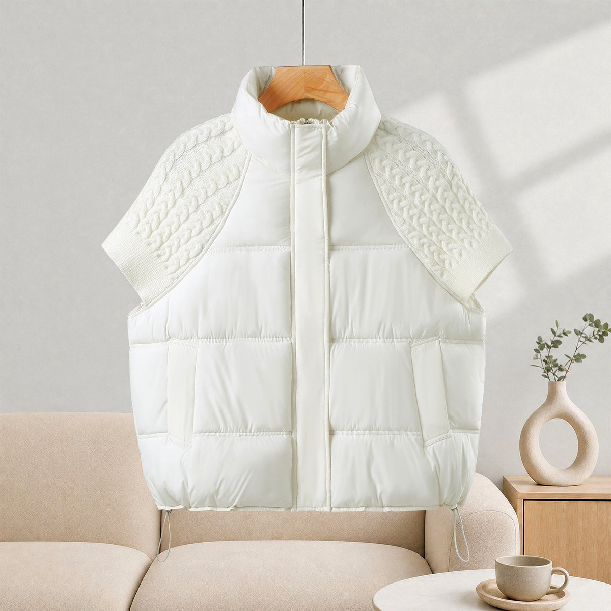 Paige - Women's Padded Vest with Cable-Knit Sleeves 2
