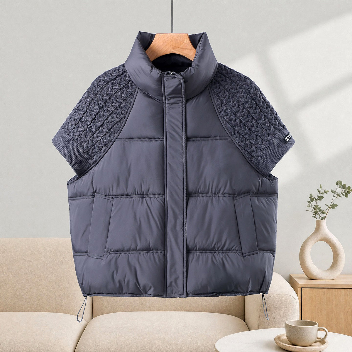 Paige - Women's Padded Vest with Cable-Knit Sleeves 3