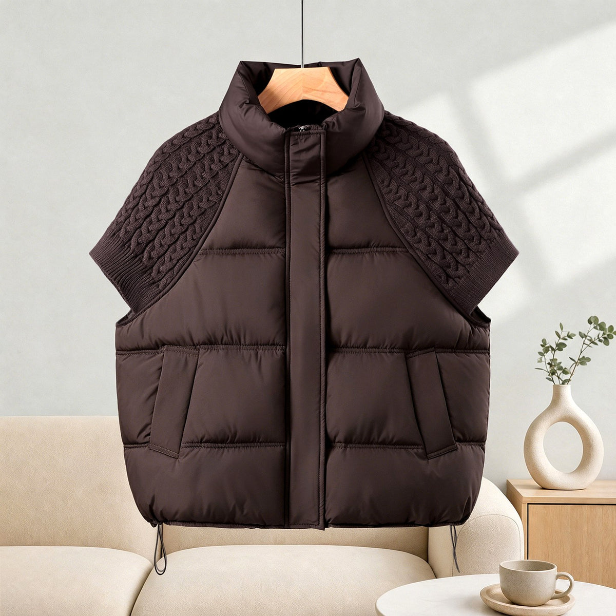 Paige - Women's Padded Vest with Cable-Knit Sleeves 5