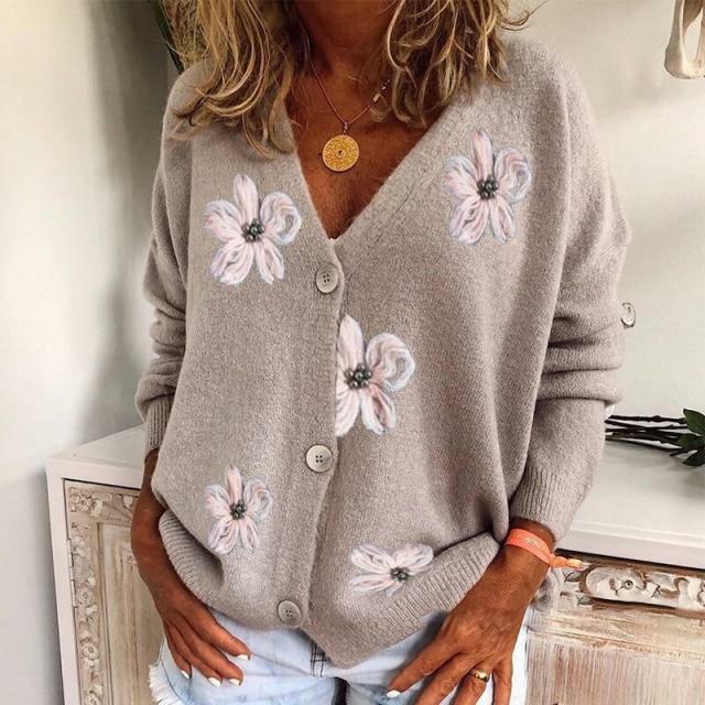 Phoebe - Women's Button-Front Cardigan with Floral Embroidery