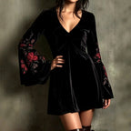 Phoebe - Women's Velvet Floral Embroidered Bell Sleeve Party Dress 2