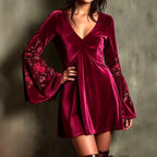 Phoebe - Women's Velvet Floral Embroidered Bell Sleeve Party Dress 3