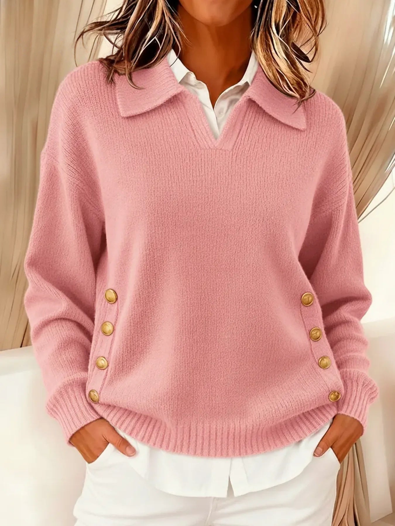 Piper - Women's Collared Knit Sweater with Gold Button Accents
