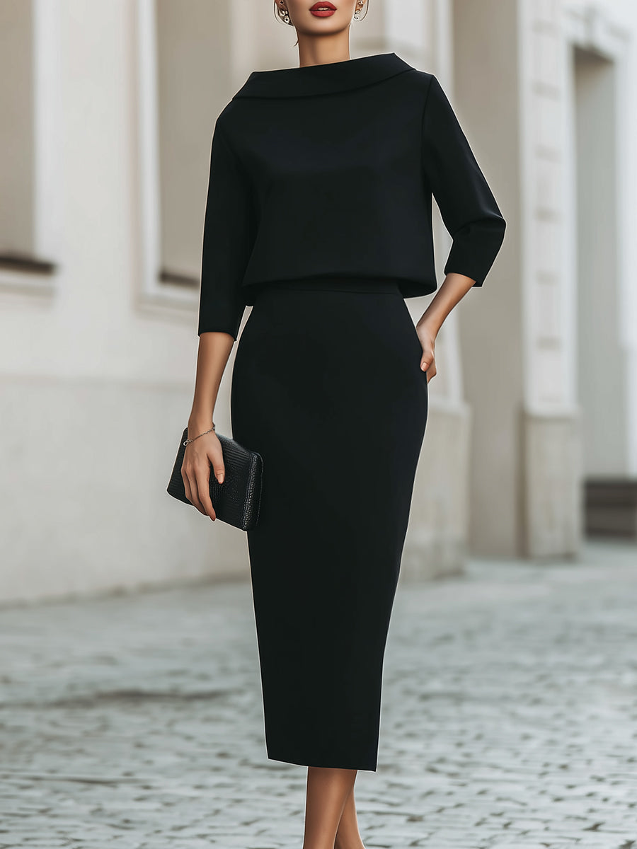 Portia - Women's Boat-Neck Cropped Top and Midi Skirt Set