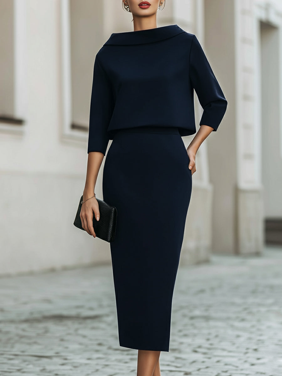 Portia - Women's Boat-Neck Cropped Top and Midi Skirt Set