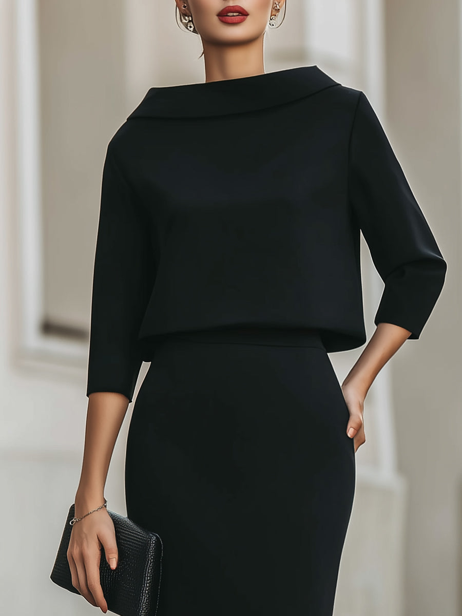 Portia - Women's Boat-Neck Cropped Top and Midi Skirt Set