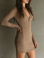 Portia - Women's Cable Knit V-Neck Mini Dress with Half-Zip