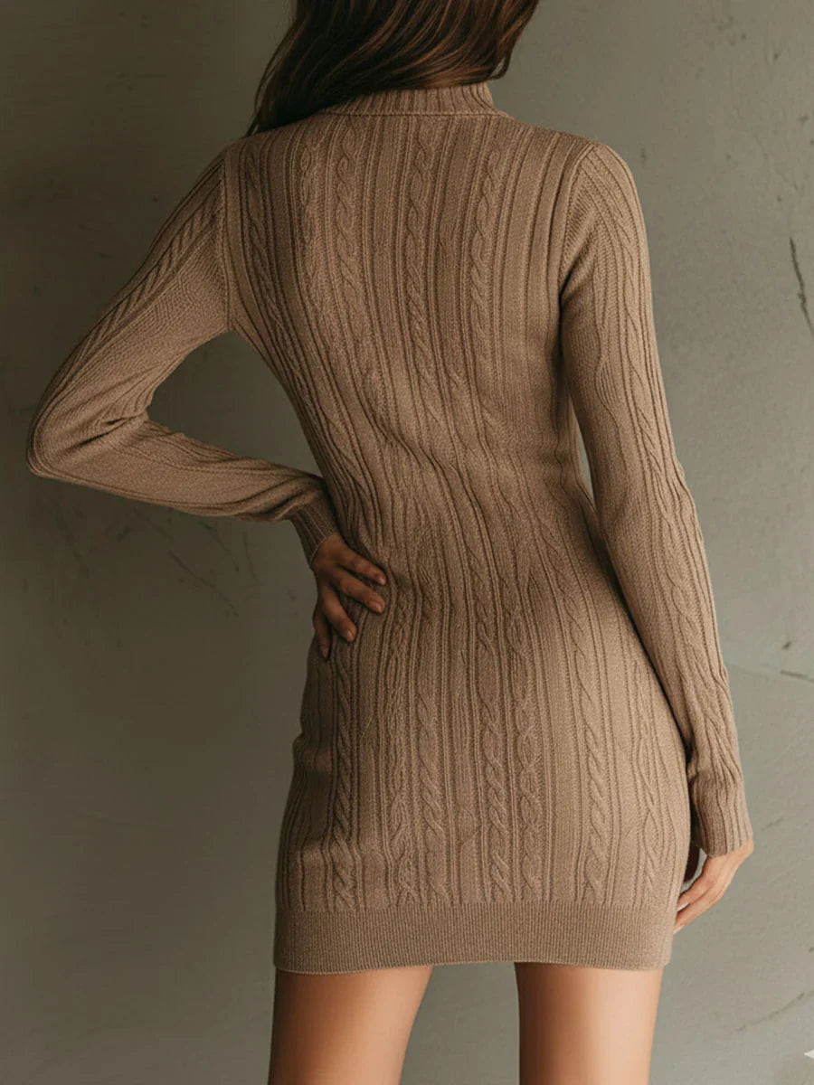 Portia - Women's Cable Knit V-Neck Mini Dress with Half-Zip