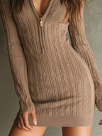 Portia - Women's Cable Knit V-Neck Mini Dress with Half-Zip