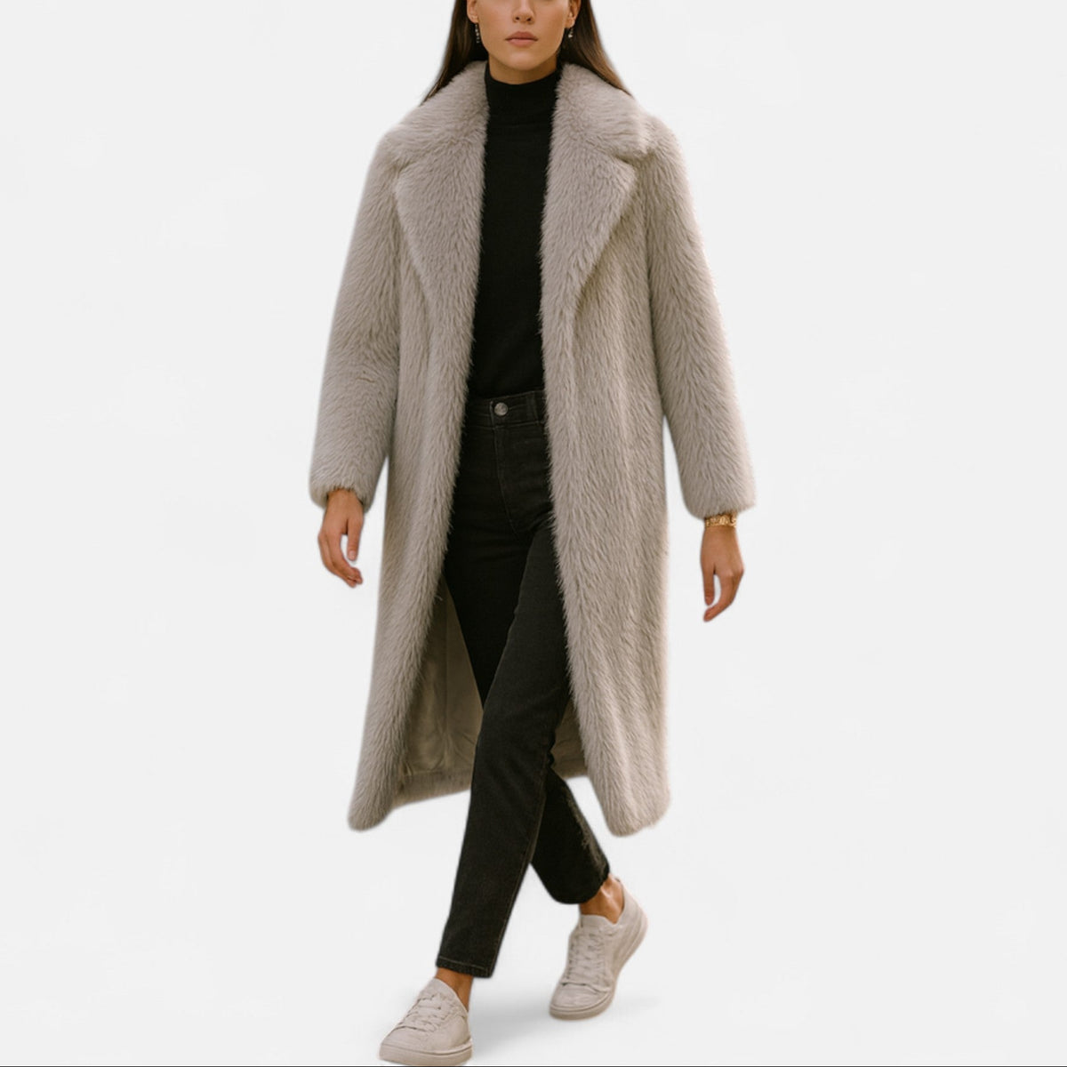 Portia - Women's Longline Faux-Fur Coat with Notch Collar
