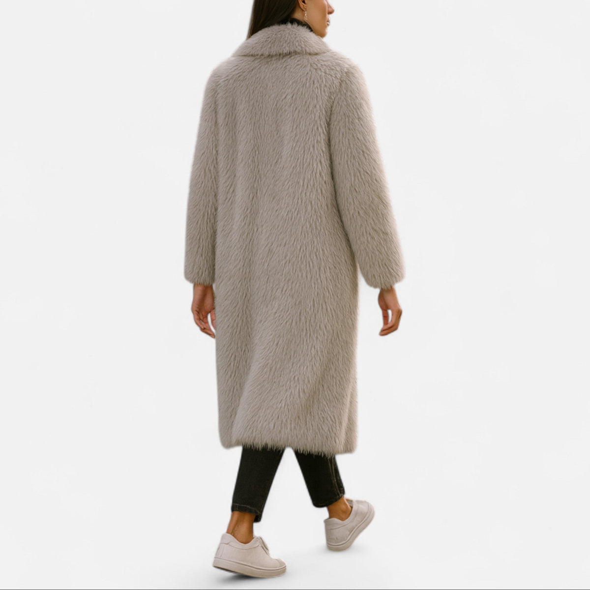 Portia - Women's Longline Faux-Fur Coat with Notch Collar
