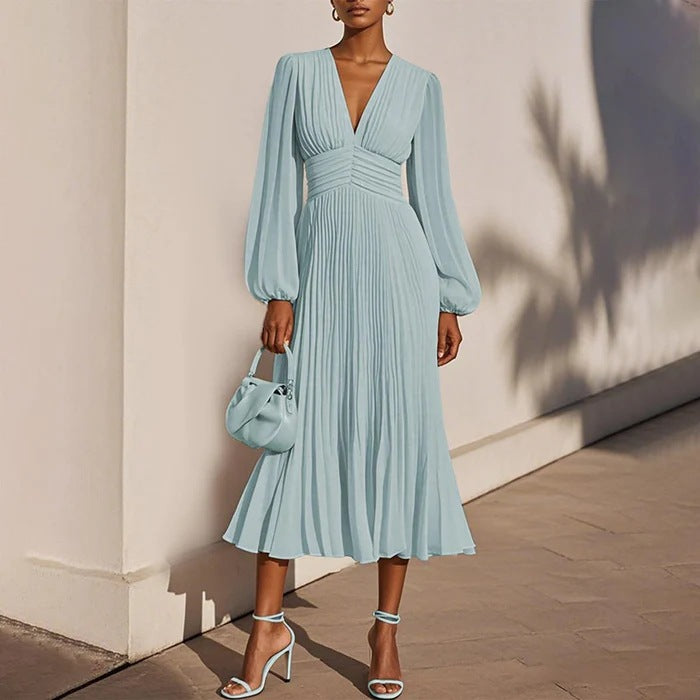 Priscilla - Women's Puff Sleeve Pleated Midi Dress 1