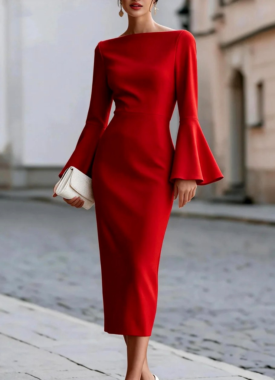 Rachelle - Women’s Long Sleeve Flared Cuff Midi Dress 4