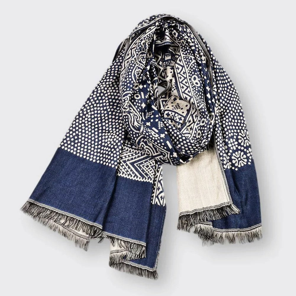 Raina - Women's Mixed-Motif Cotton Scarf with Fringed Edges