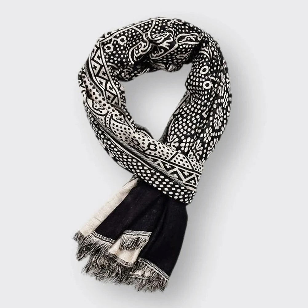 Raina - Women's Mixed-Motif Cotton Scarf with Fringed Edges