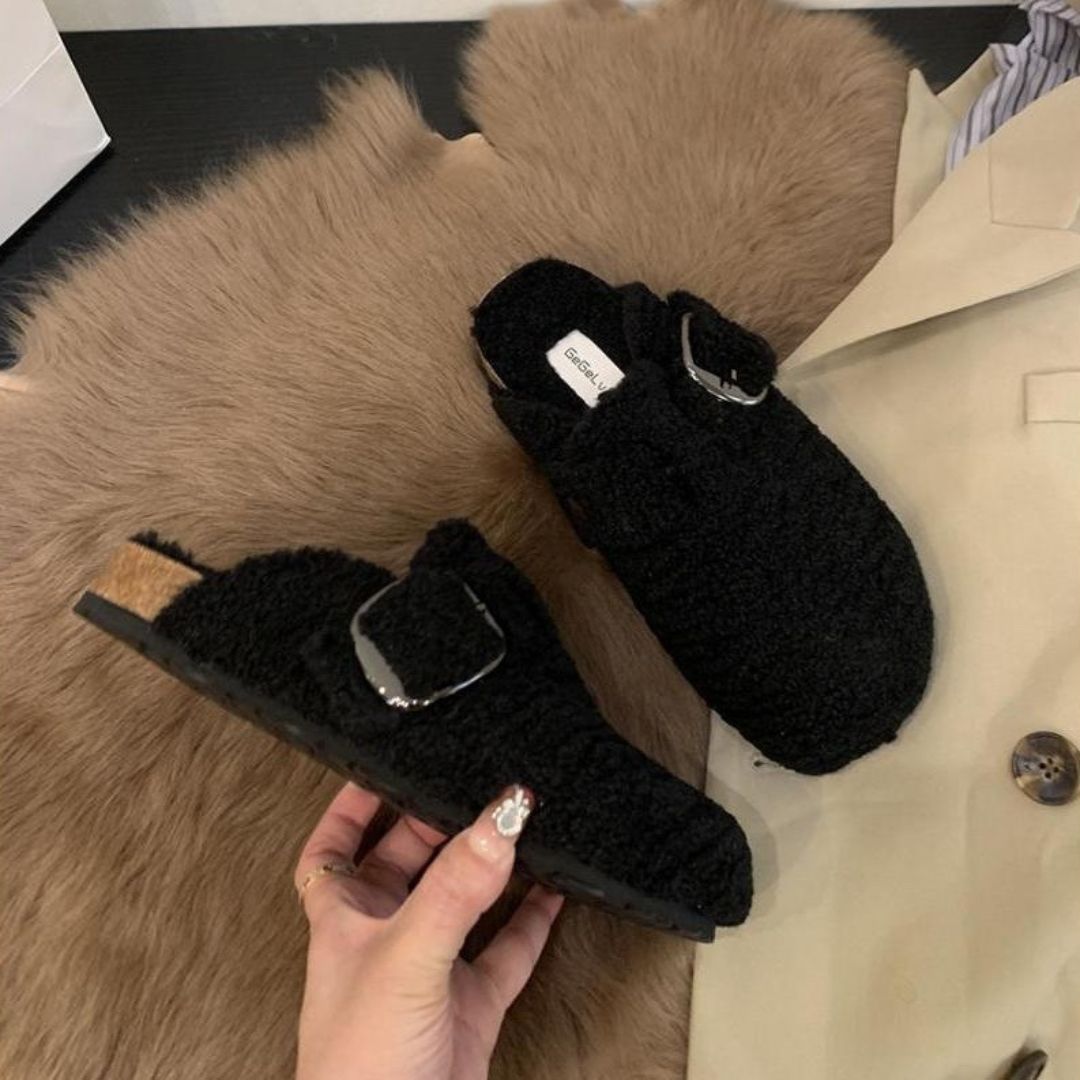 Rainn - Women's Shearling Clog Slippers with Buckle Strap