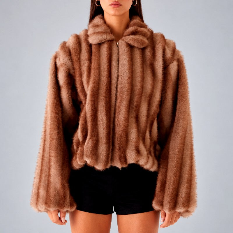 Rana - Women's Cropped Faux Fur Zip-Up Jacket with Collar 1