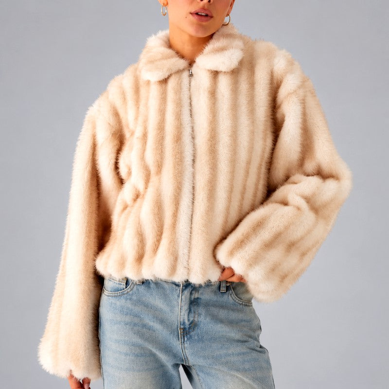 Rana - Women's Cropped Faux Fur Zip-Up Jacket with Collar 2