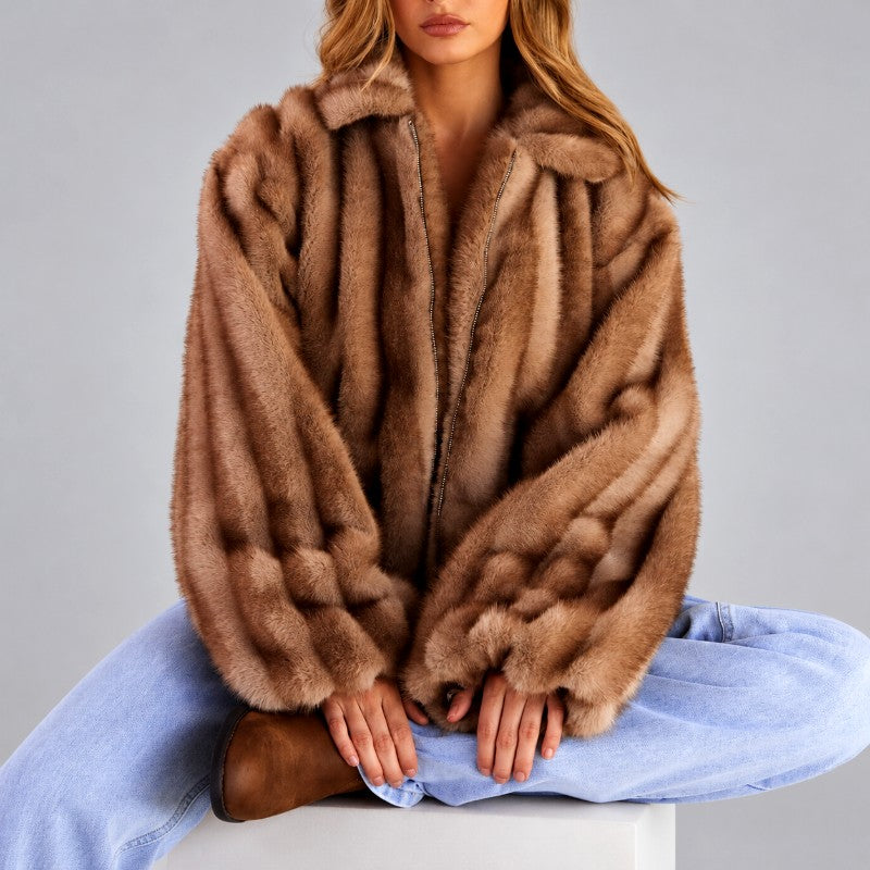 Rana - Women's Cropped Faux Fur Zip-Up Jacket with Collar 3