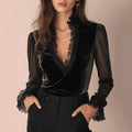 Reese - Women's Lace Trim V-Neck Velvet Blouse 1