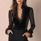 Reese - Women's Lace Trim V-Neck Velvet Blouse 1