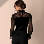 Reese - Women's Lace Trim V-Neck Velvet Blouse 3
