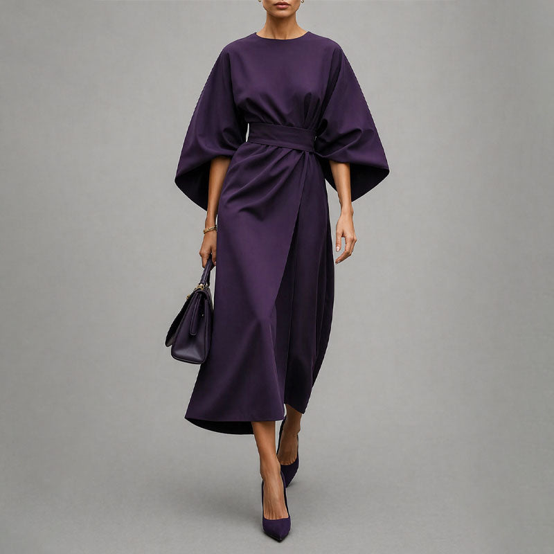 Reina - Women's Belted Wrap Midi Dress with Batwing Sleeves