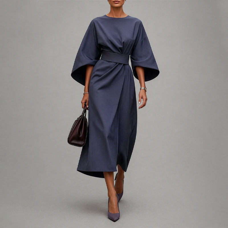 Reina - Women's Belted Wrap Midi Dress with Batwing Sleeves