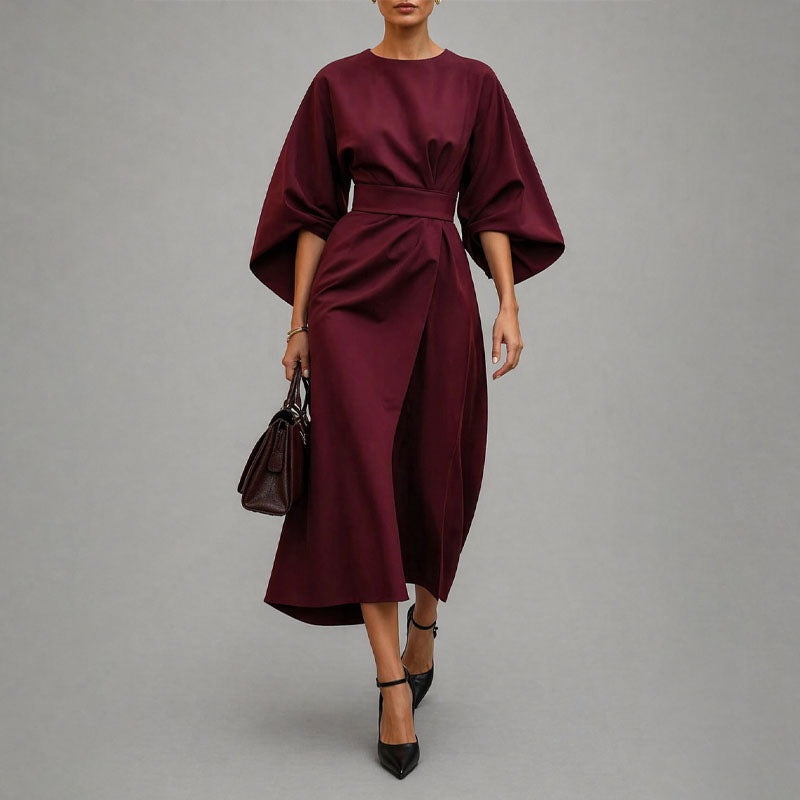 Reina - Women's Belted Wrap Midi Dress with Batwing Sleeves