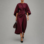 Reina - Women's Belted Wrap Midi Dress with Batwing Sleeves