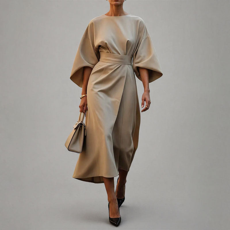 Reina - Women's Belted Wrap Midi Dress with Batwing Sleeves